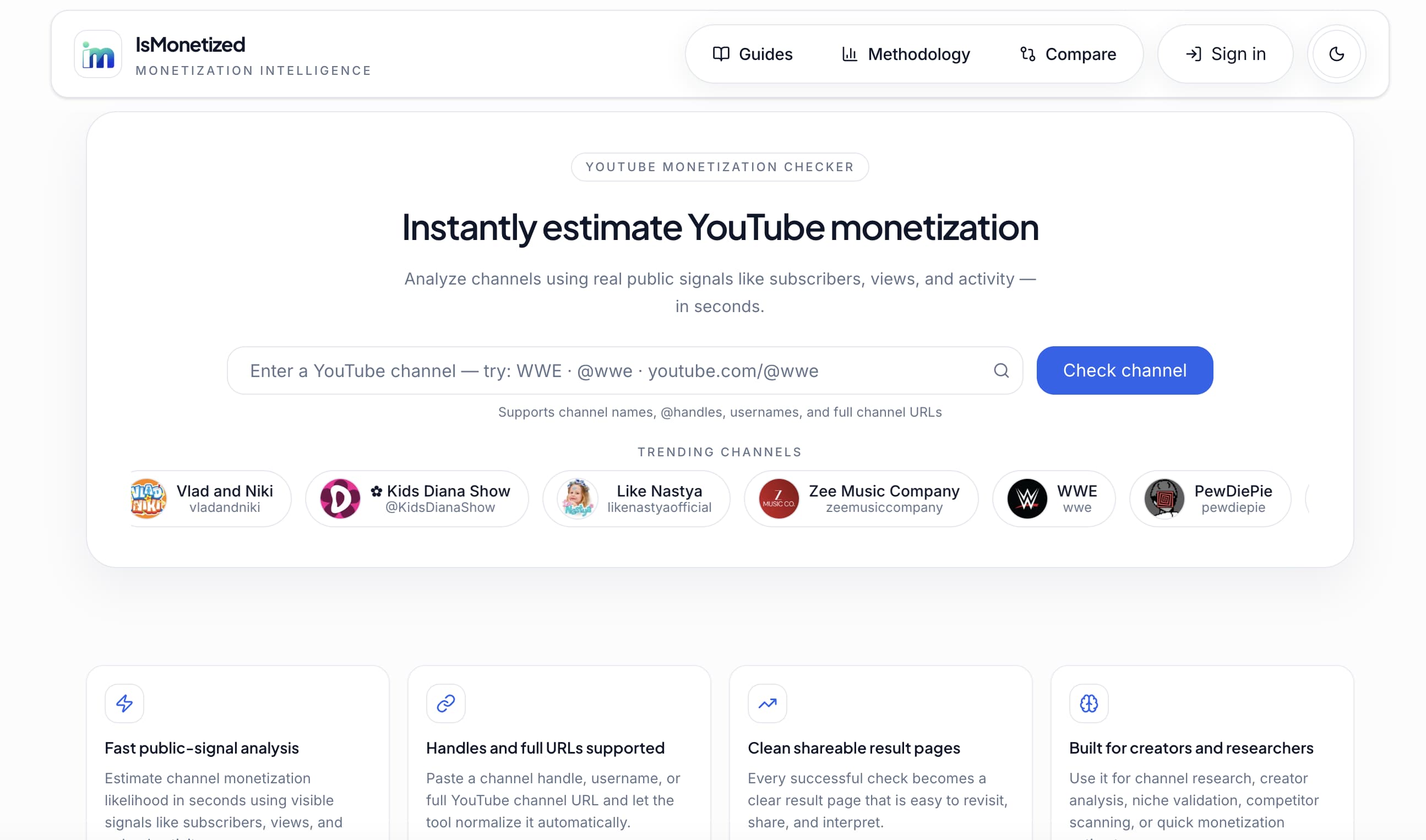 IsMonetized YouTube channel monetization checker landing page