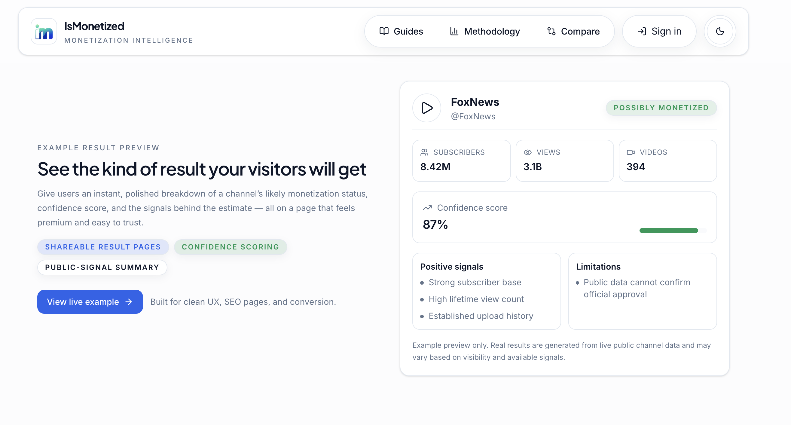 IsMonetized desktop result preview with channel eligibility signals