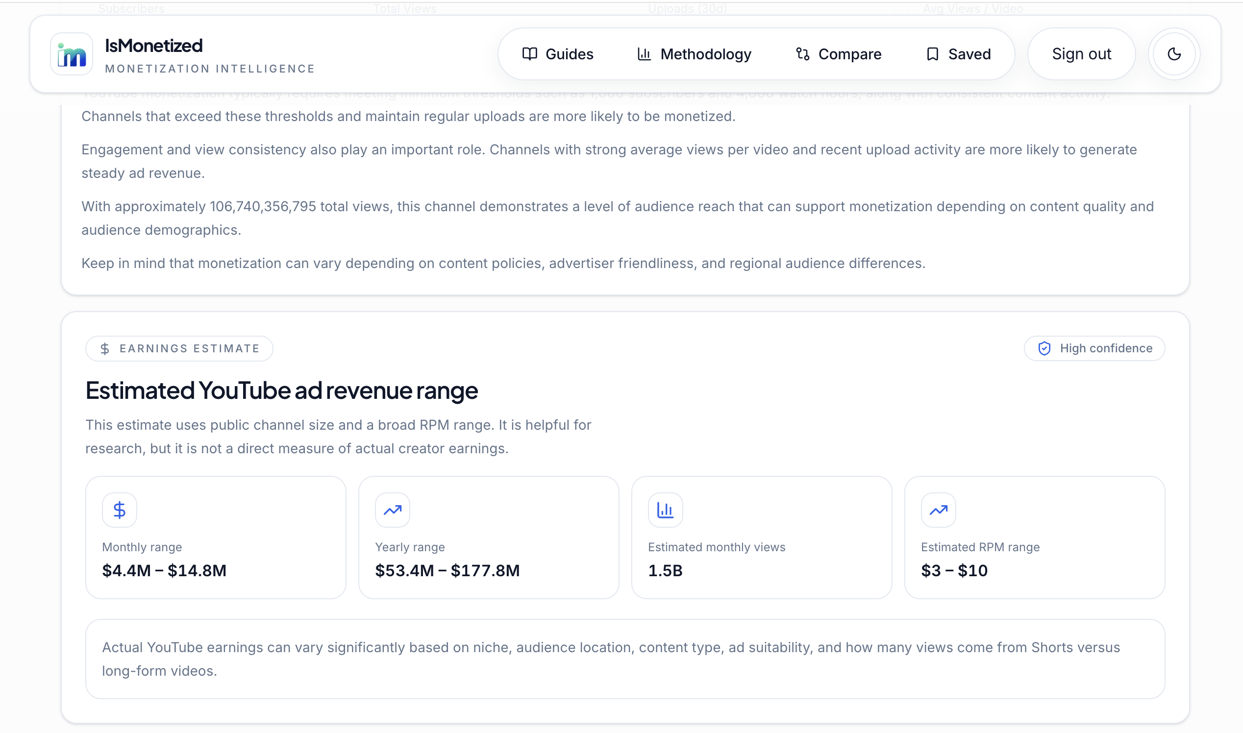 IsMonetized desktop analysis with estimated earnings and channel insights