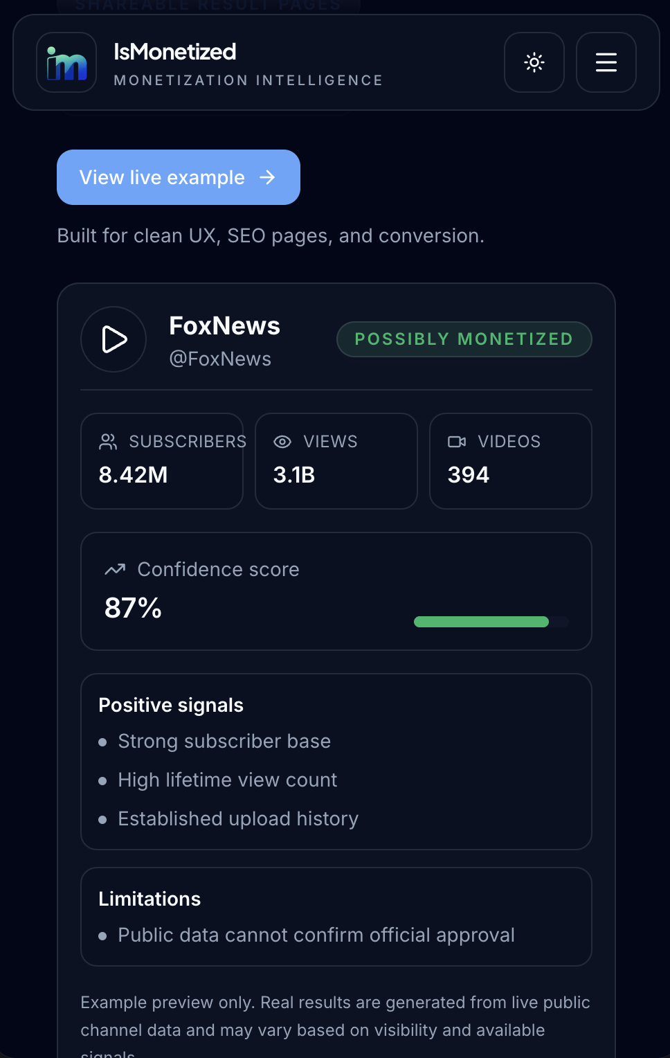 IsMonetized mobile channel analysis result