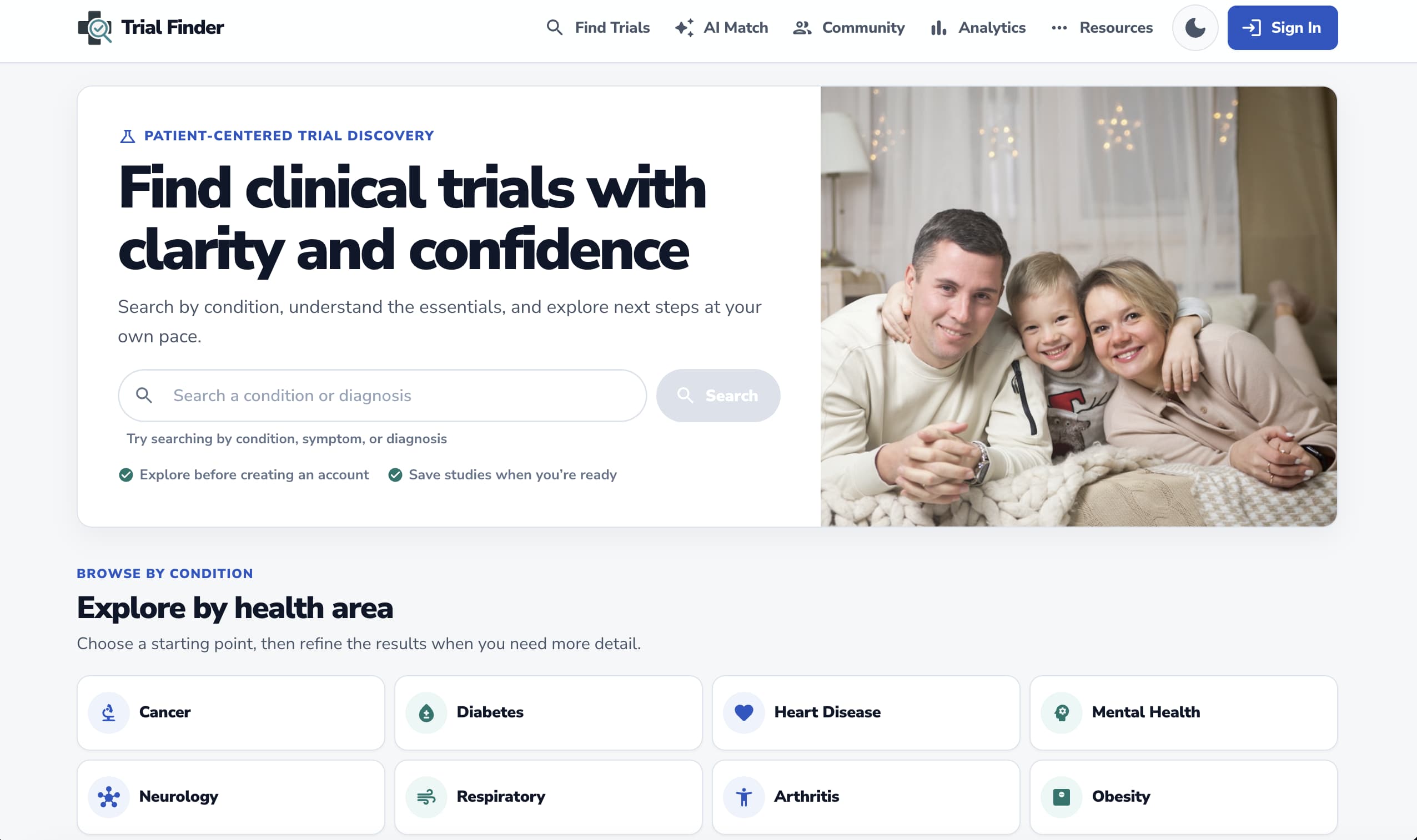 Trial Finder clinical trial discovery landing page