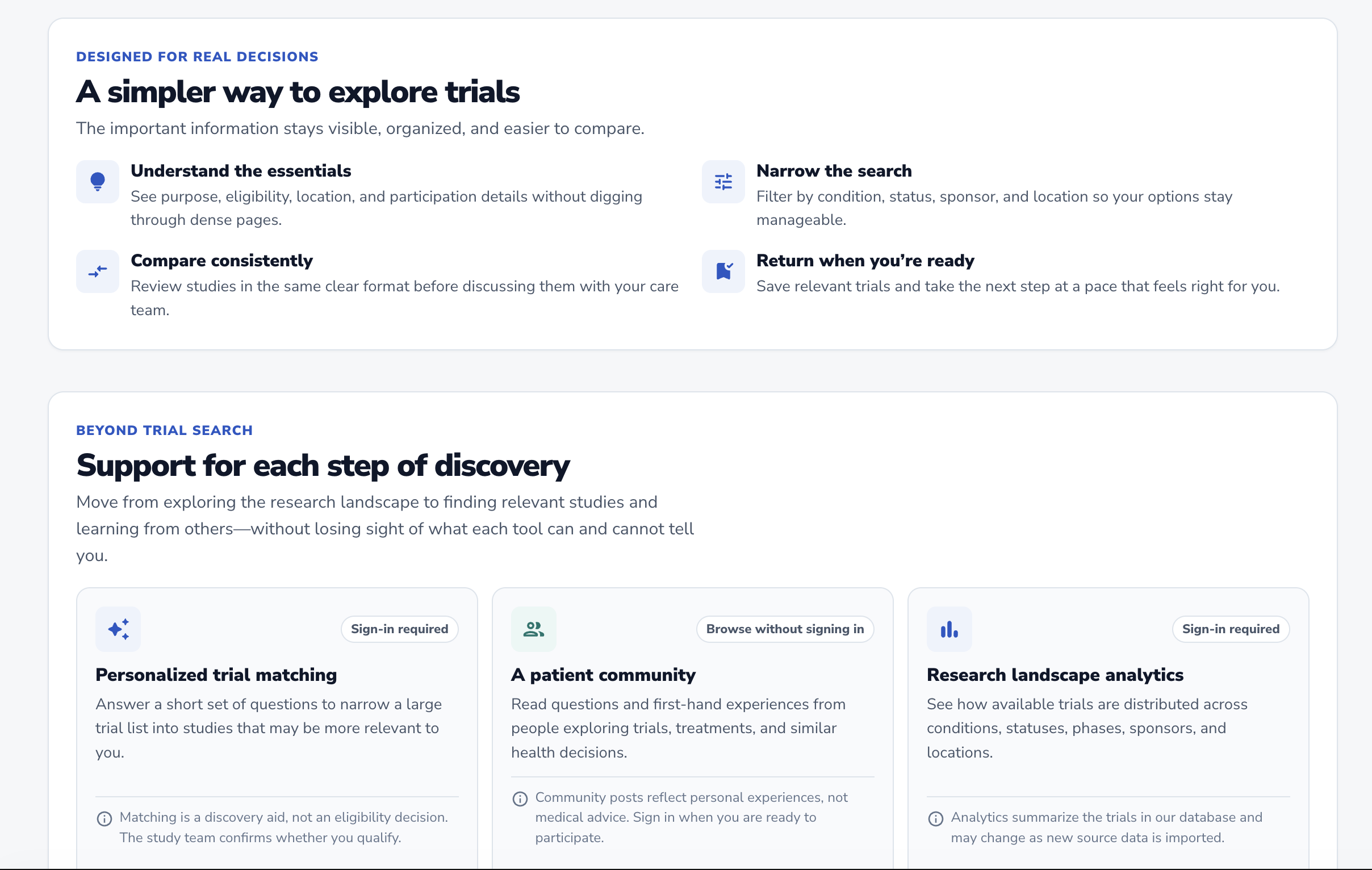 Trial Finder desktop product overview with patient-focused features