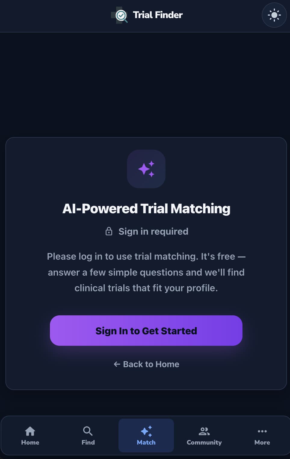 Trial Finder mobile AI trial matching experience
