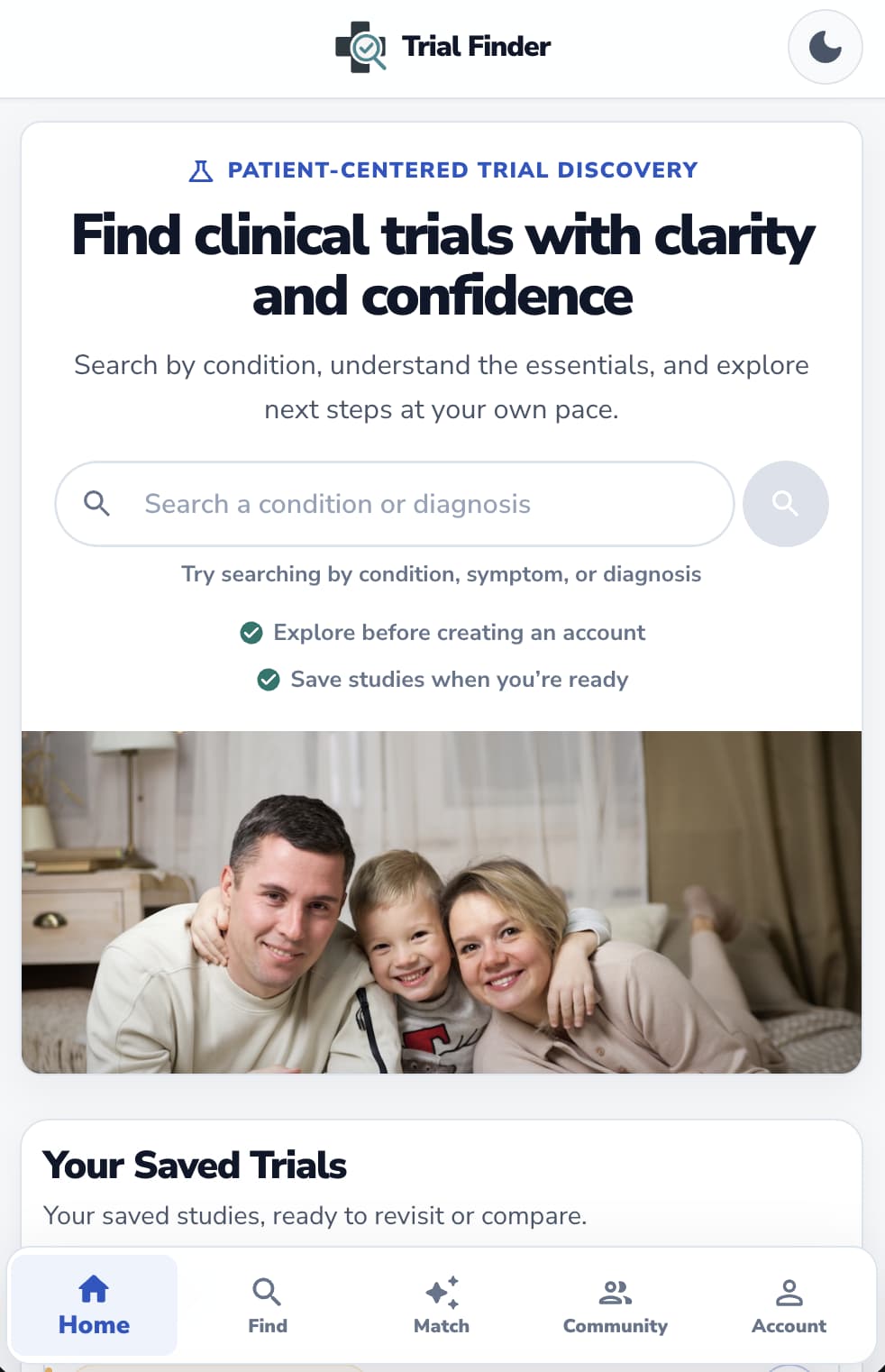 Trial Finder responsive mobile landing page